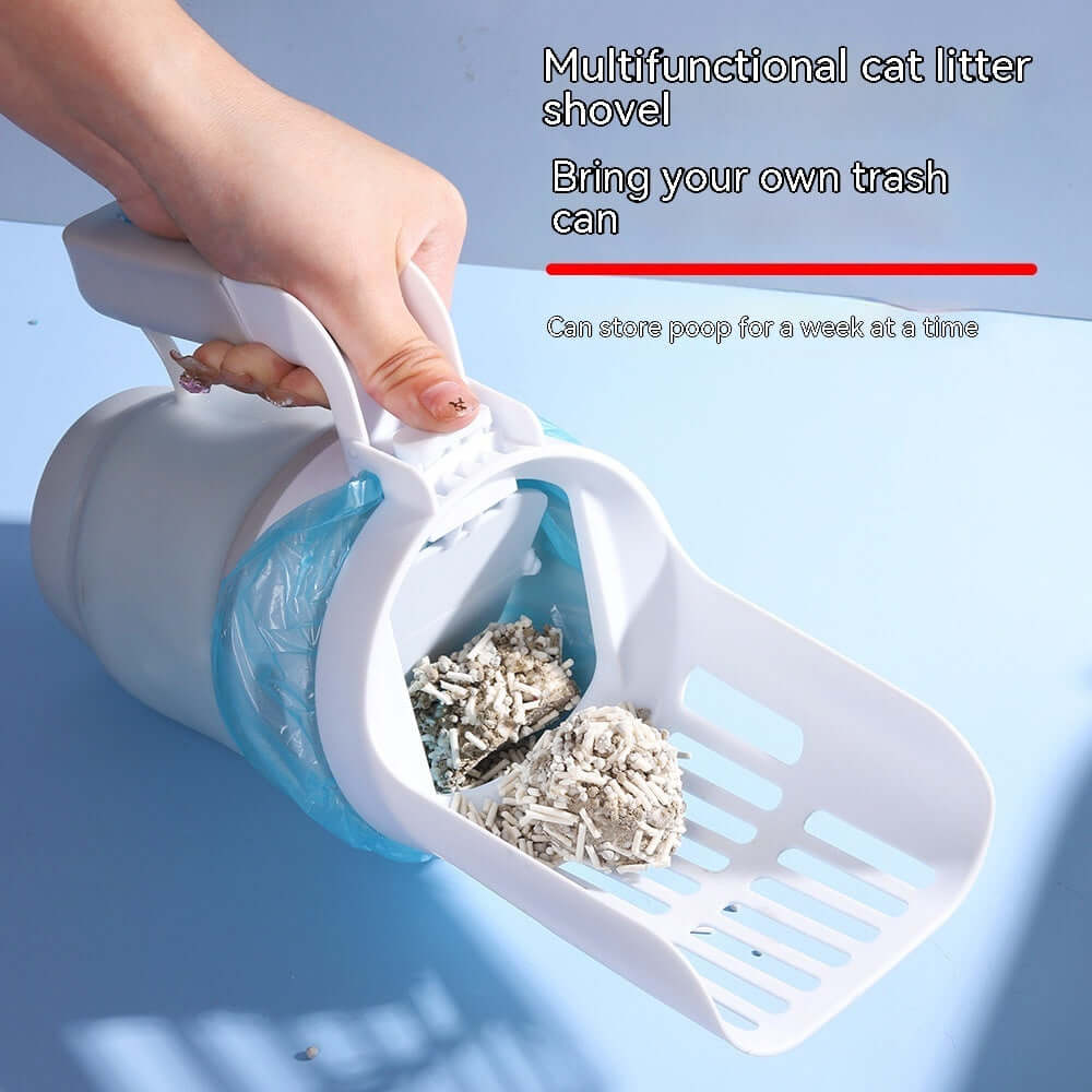 Multifunctional cat litter shovel tool for efficient pet waste collection, featuring easy operation and secure storage.