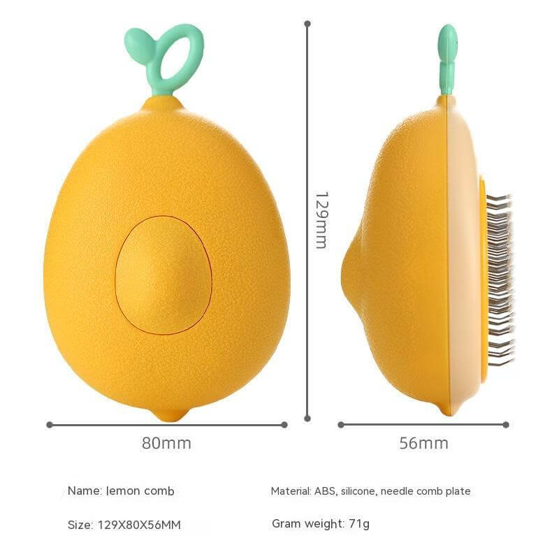 Lemon-shaped cat brush hair remover with silicone massager and needle comb for easy grooming and de-shedding.