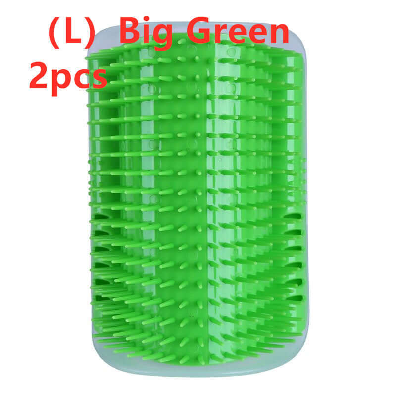 Cat self-grooming brush in bright green color, featuring soft rubber spikes for gentle pet massage and hair care.