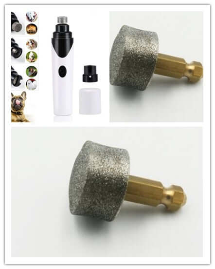 Pet nail grinder attachment with a diamond-coated drum for easy and quiet nail trimming.