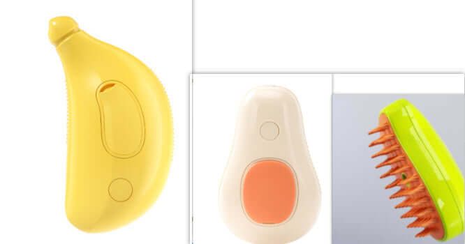 Avocado-shaped electric steam cat brush in yellow and cream for pet grooming and self-cleaning.