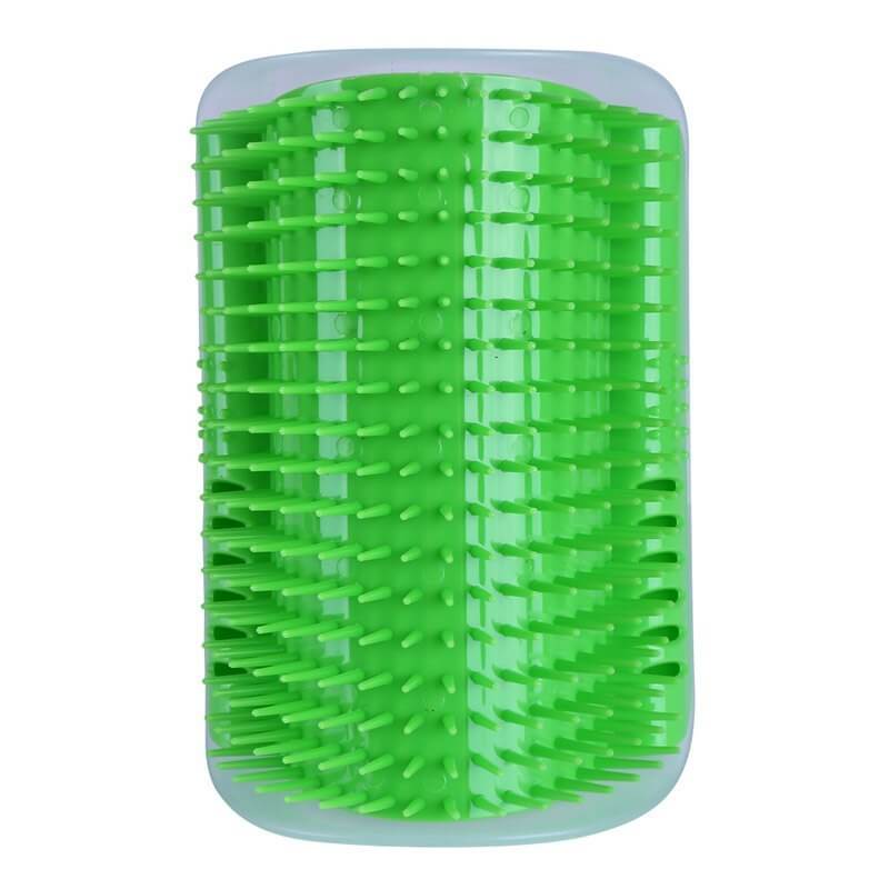 Green cat self-grooming brush designed for gentle massage and efficient hair removal, ideal for wall installation.