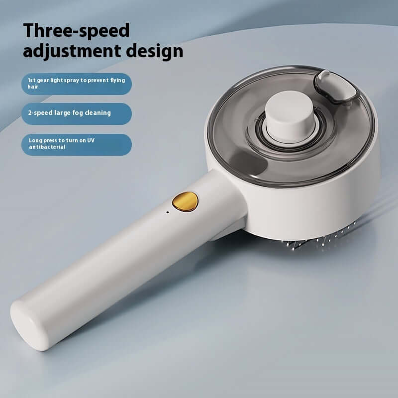 Dog and cat steam brush with three-speed adjustment and UV sterilization for effective pet grooming.