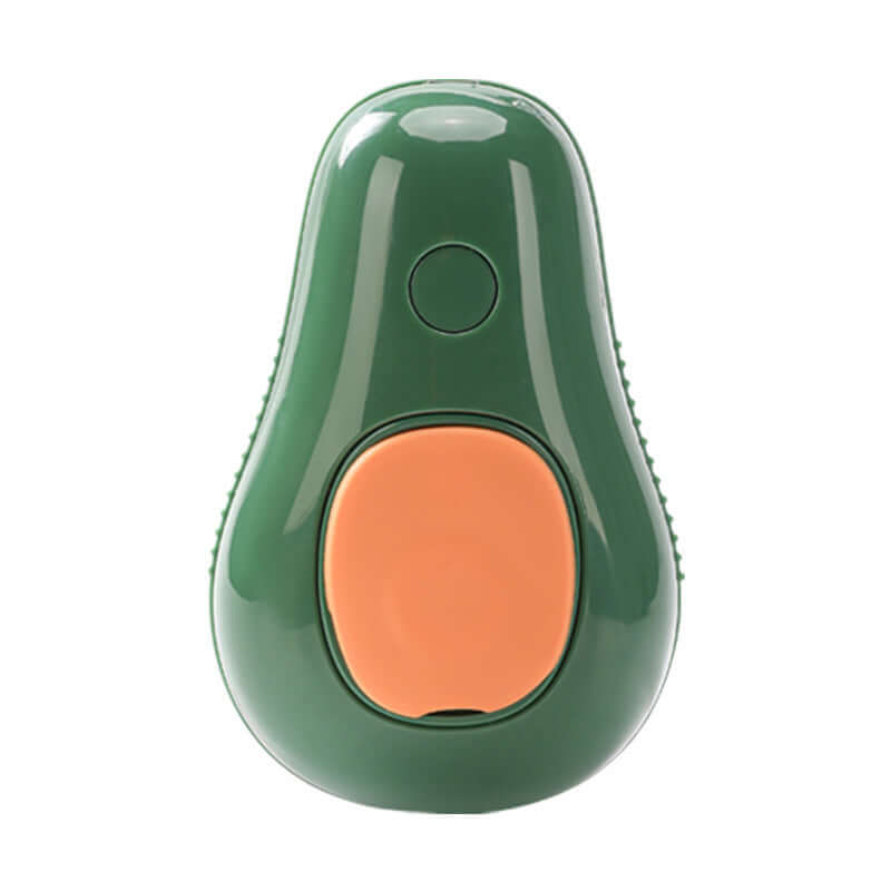 Electric avocado-shaped cat brush for grooming and self-cleaning with massage feature.