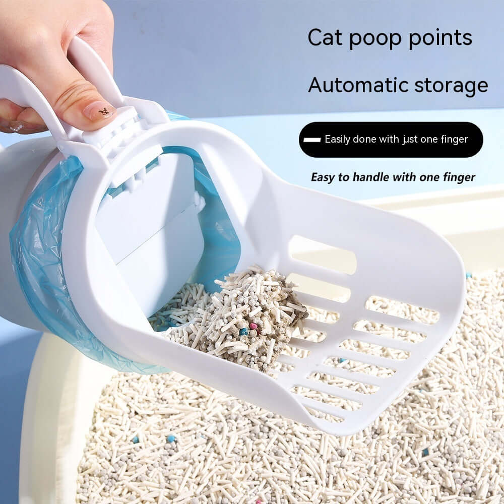 Cat litter scoop showcasing automatic storage and ergonomic design for easy one-handed cleaning.
