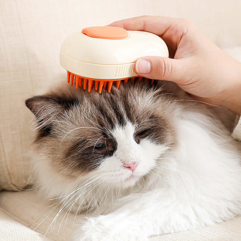 Electric steam cat brush for grooming, gently detangling fur while providing a soothing massage for your pet.