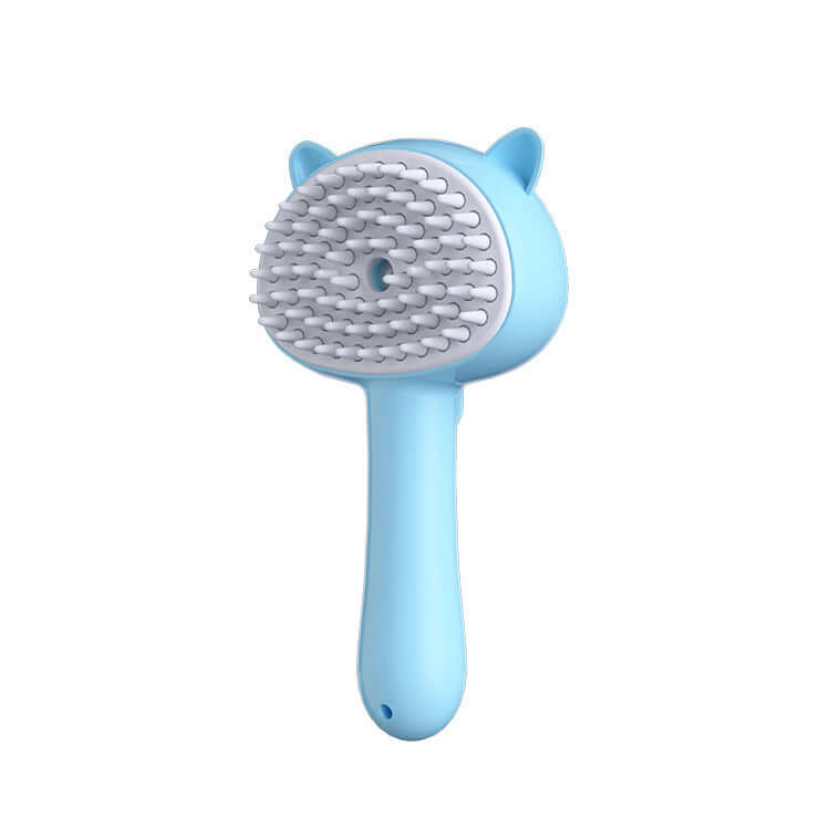 Cat grooming brush in light blue with a self-cleaning feature for easy pet hair removal and massage.