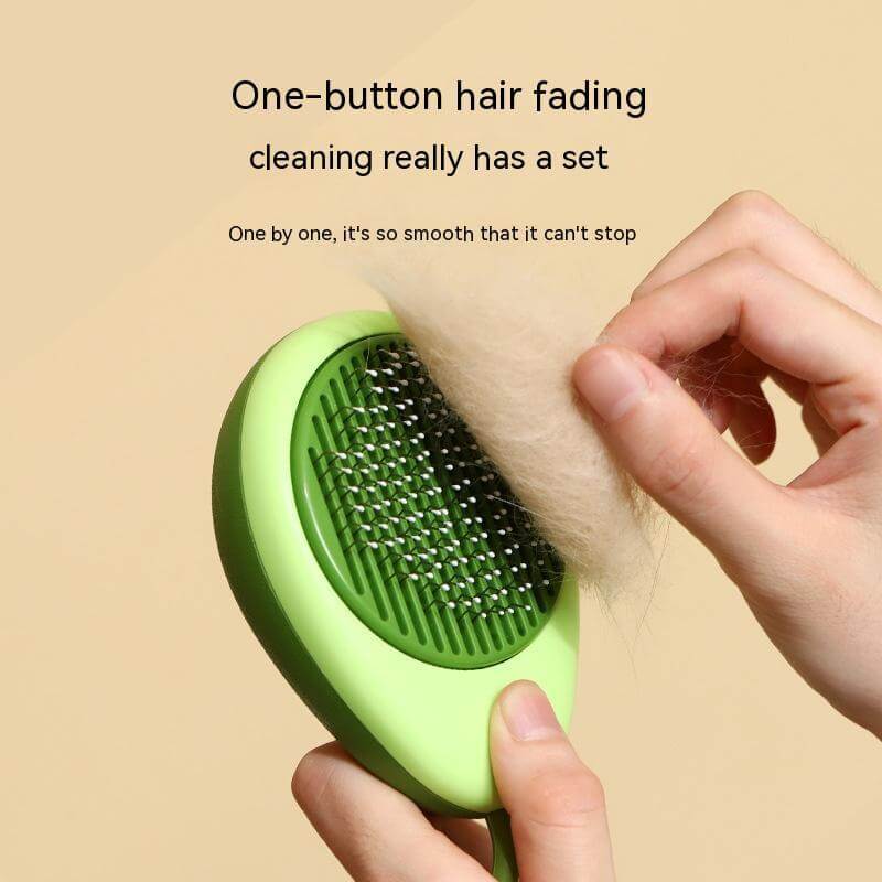 Cat brush hair remover demonstrating one-button operation for easy fur cleaning, designed in avocado green.