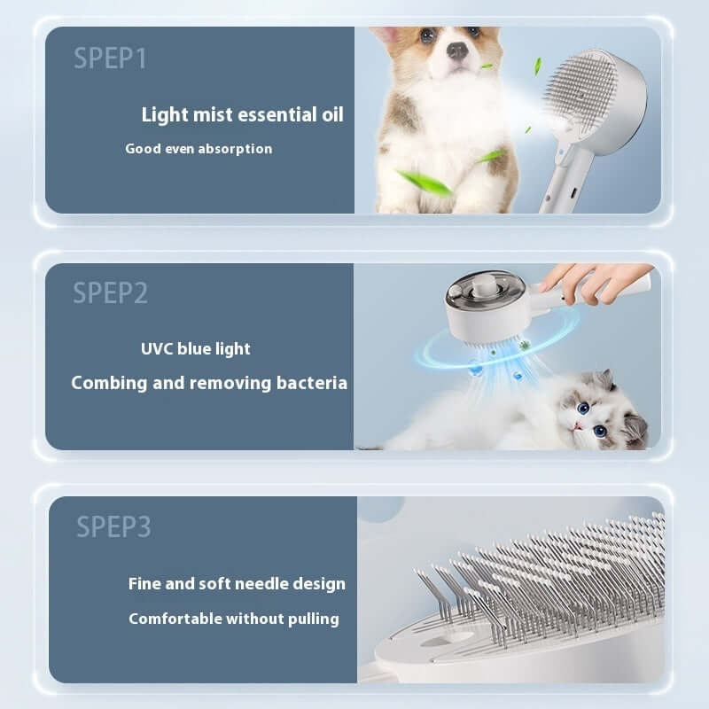 Dog and cat steam brush features: light mist oil, UVC blue light sterilization, fine soft needle design for comfort.