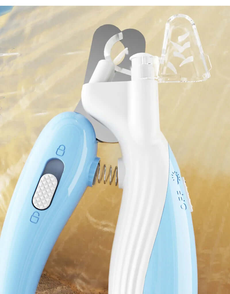 Close-up of LED electric nail clippers for pets, featuring ergonomic design and safety guard for nail trimming.