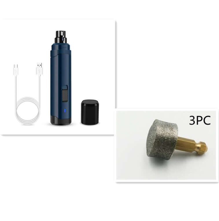 Pet nail grinder kit with low noise motor, USB charging cable, and three grinding heads for easy pet nail care.