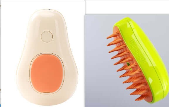 Electric avocado-shaped cat brush with orange button and grooming bristles for pet massage and self-cleaning.