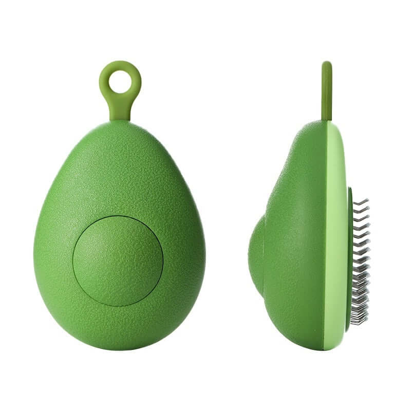 Avocado green cat brush hair remover designed for massaging and de-shedding loose fur, featuring a 2-in-1 design.