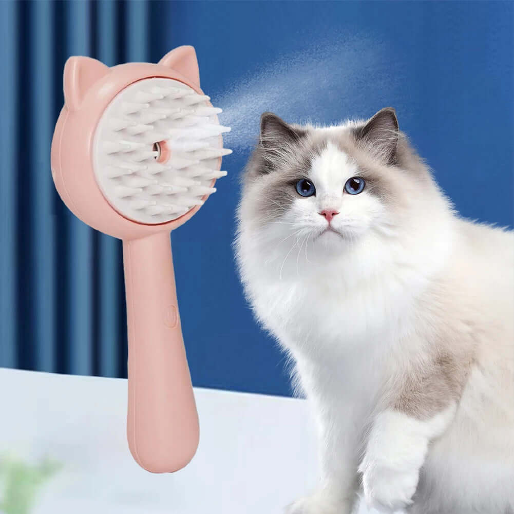 Rechargeable self-cleaning cat grooming brush next to a fluffy cat, enhancing pet care and reducing shedding.