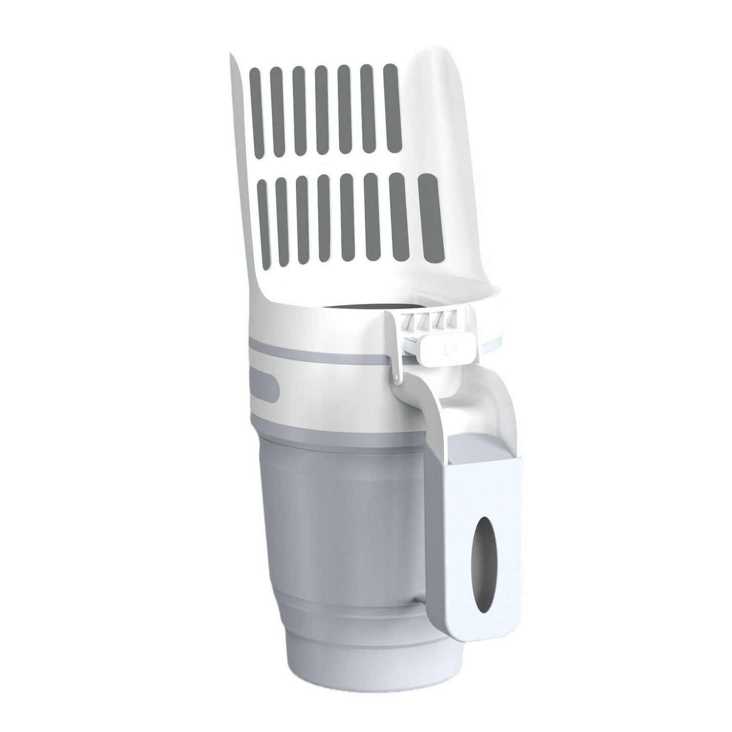 2-in-1 cat litter scoop with a large collection cup and secure lid for easy pet waste cleanup.