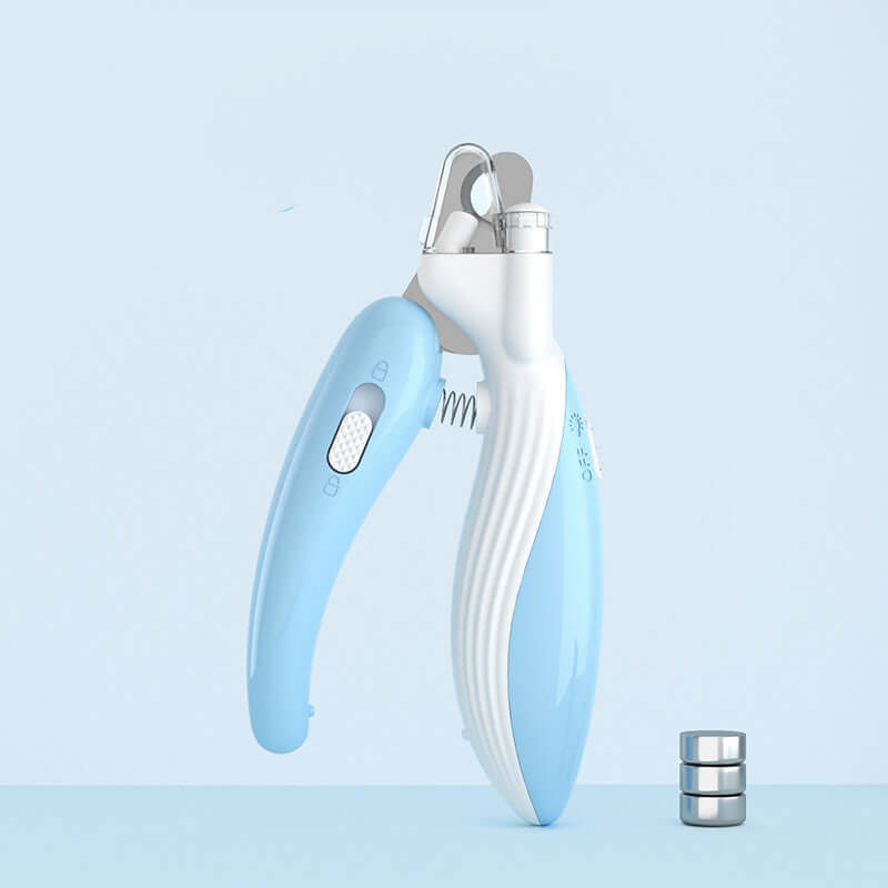 LED dog nail clippers in light blue, designed for safe and easy pet nail trimming with ergonomic handles.