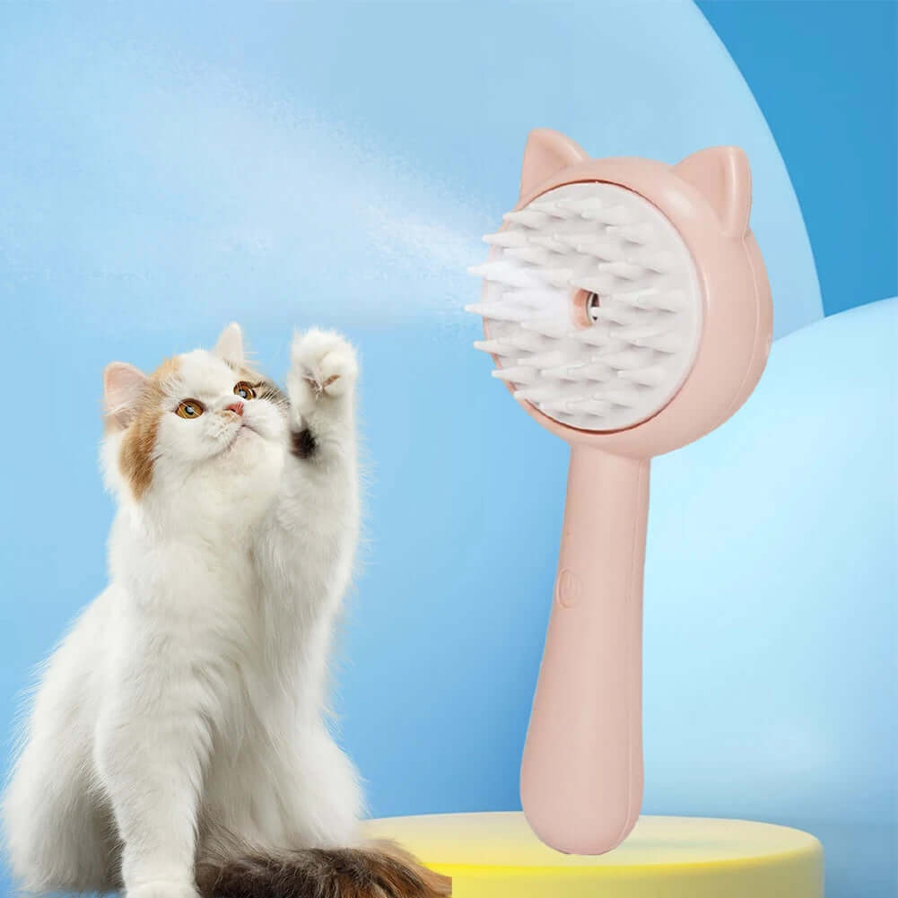 Rechargeable self-cleaning cat grooming brush with a playful cat, designed for efficient pet grooming and reducing shedding.