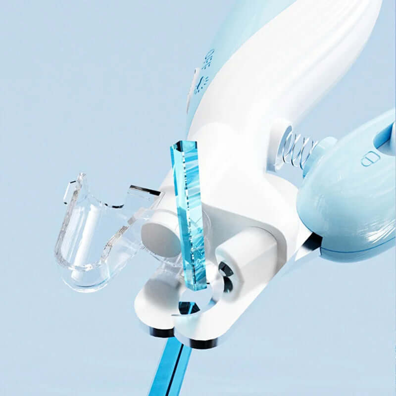 LED electric pet nail clippers close-up, featuring a transparent guide and ergonomic design for safe pet grooming.