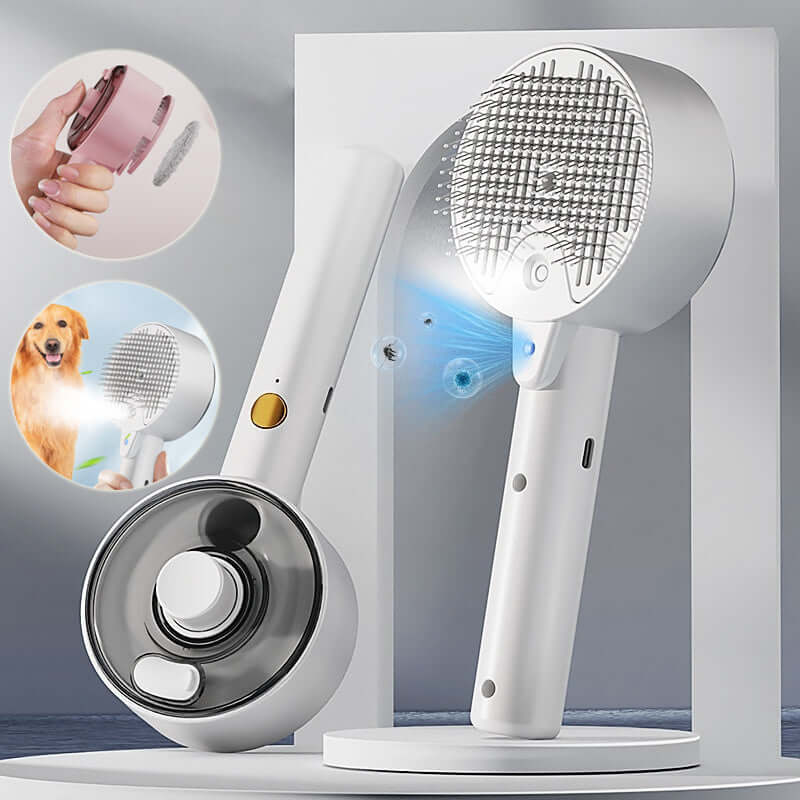 Dog and cat steam brush featuring UV sterilization and a soft needle design for gentle grooming and hair removal.