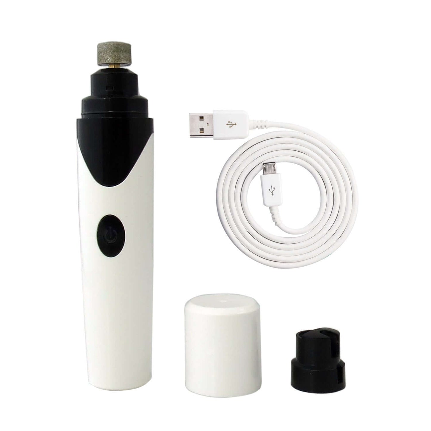 Pet nail grinder with charger and caps, low noise and vibration for stress-free nail trimming.