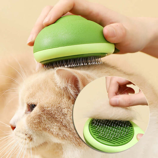 Cat brush hair remover in avocado green, gently de-shedding loose fur while massaging a cat.