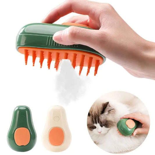 Electric self-cleaning cat brush with steam function and ergonomic design for pet grooming and massage.