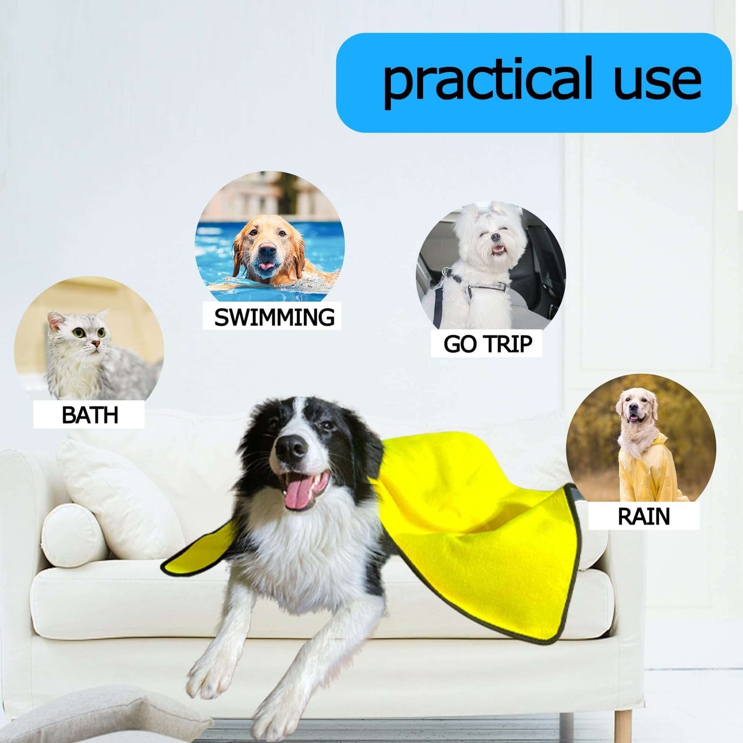 Dog in yellow towel showcasing practical uses: bath, swimming, trips, and rain protection for pets.