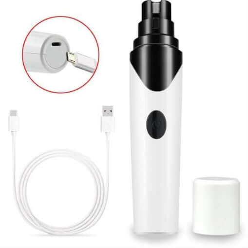 Pet nail grinder with USB charging, low noise design for painless nail trimming, suitable for anxious pets.