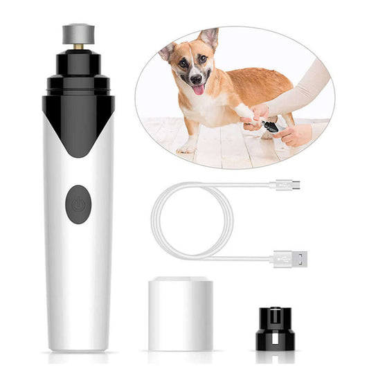 Pet dog nail grinder with low noise motor, USB cable, and various attachments for easy grooming.