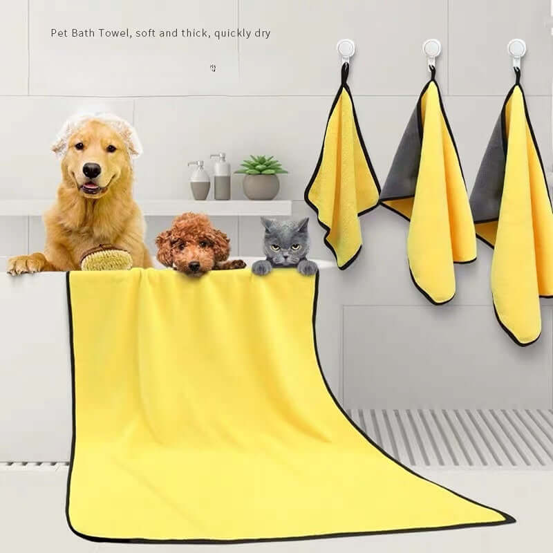 Quick-drying pet dog and cat towels in yellow, featuring a golden retriever, poodle, and cat enjoying bath time.