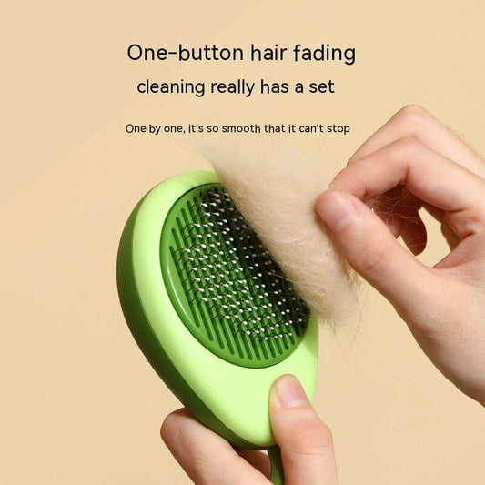 Cat brush hair remover demonstrating one-button operation for easy fur cleaning, designed in avocado green.