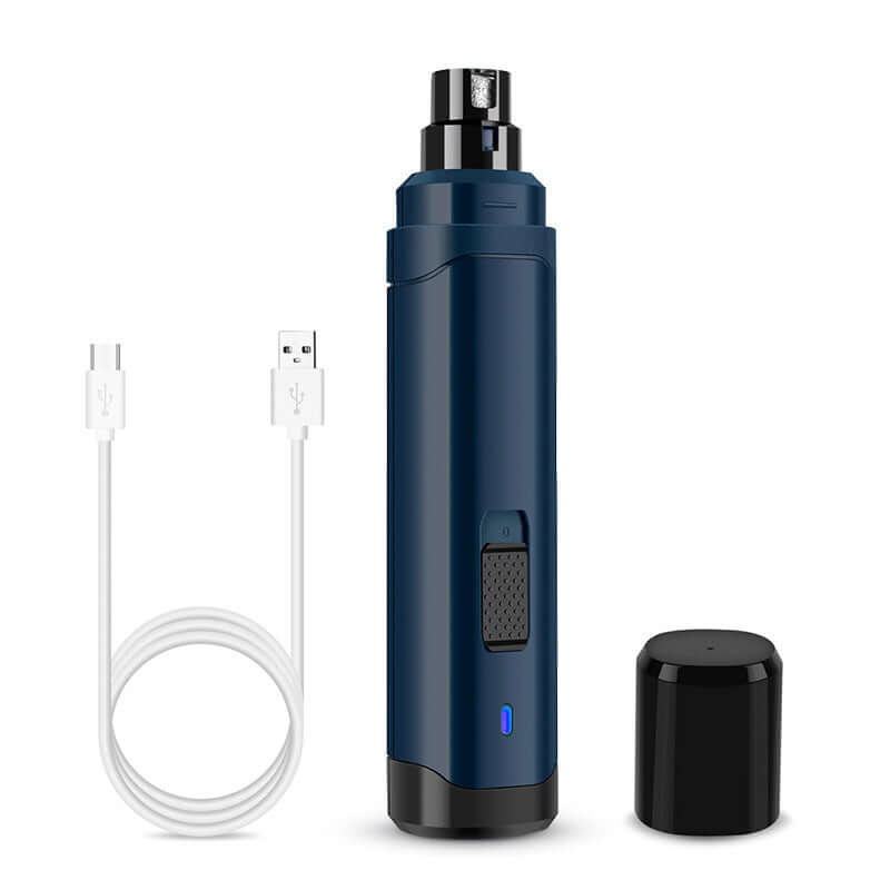 Compact blue vape device with USB charging cable and cap, ideal for easy portability and use.