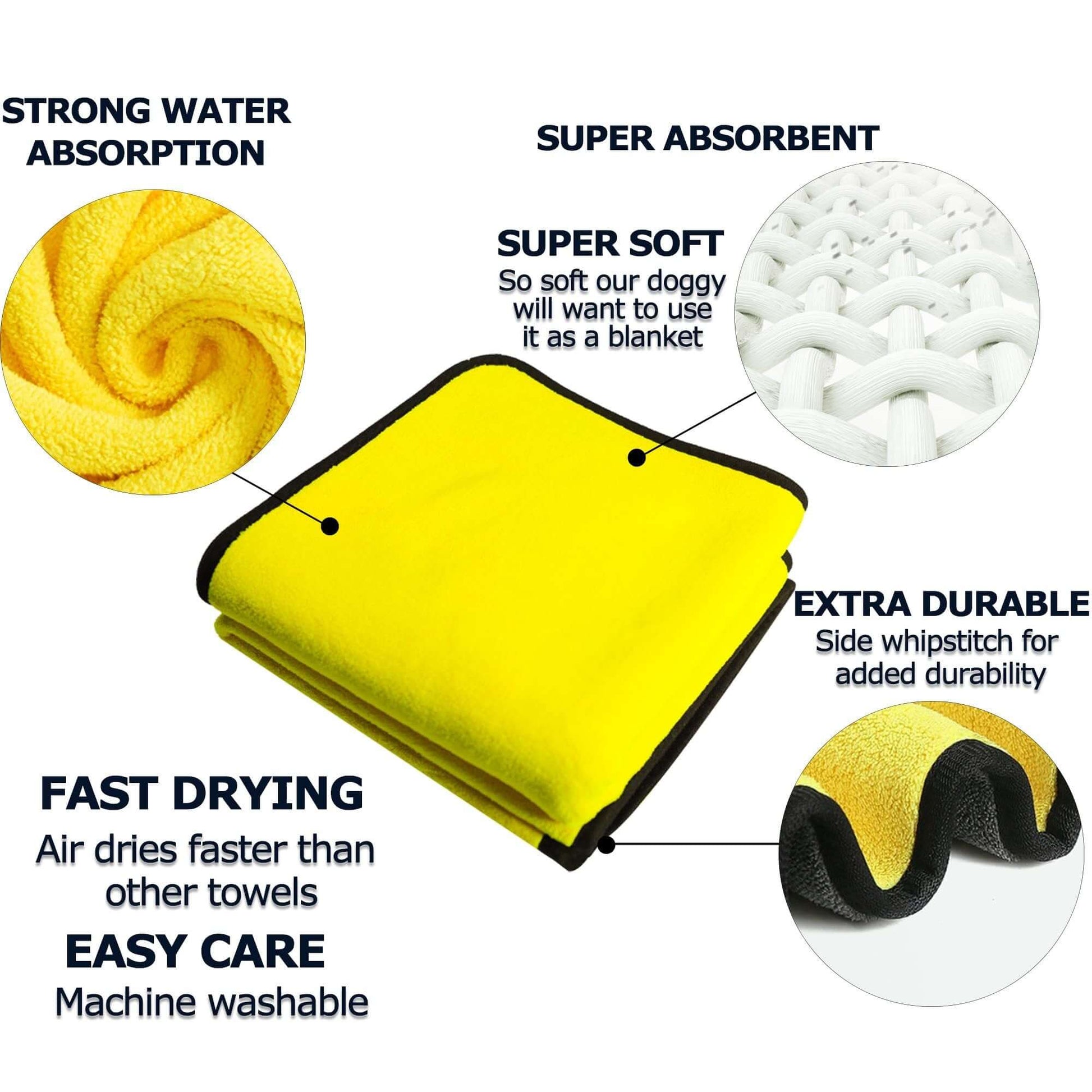 Quick-drying pet towels showing strong water absorption, super softness, durability, and easy care.