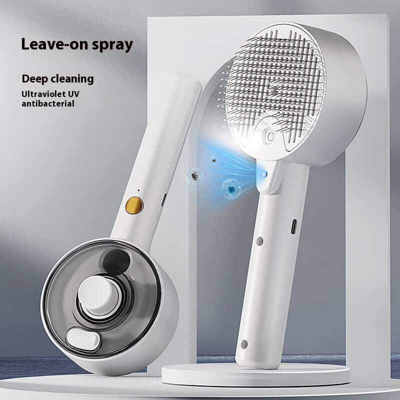 Dog and cat steam brush with UV antibacterial technology for deep cleaning and leave-on spray.