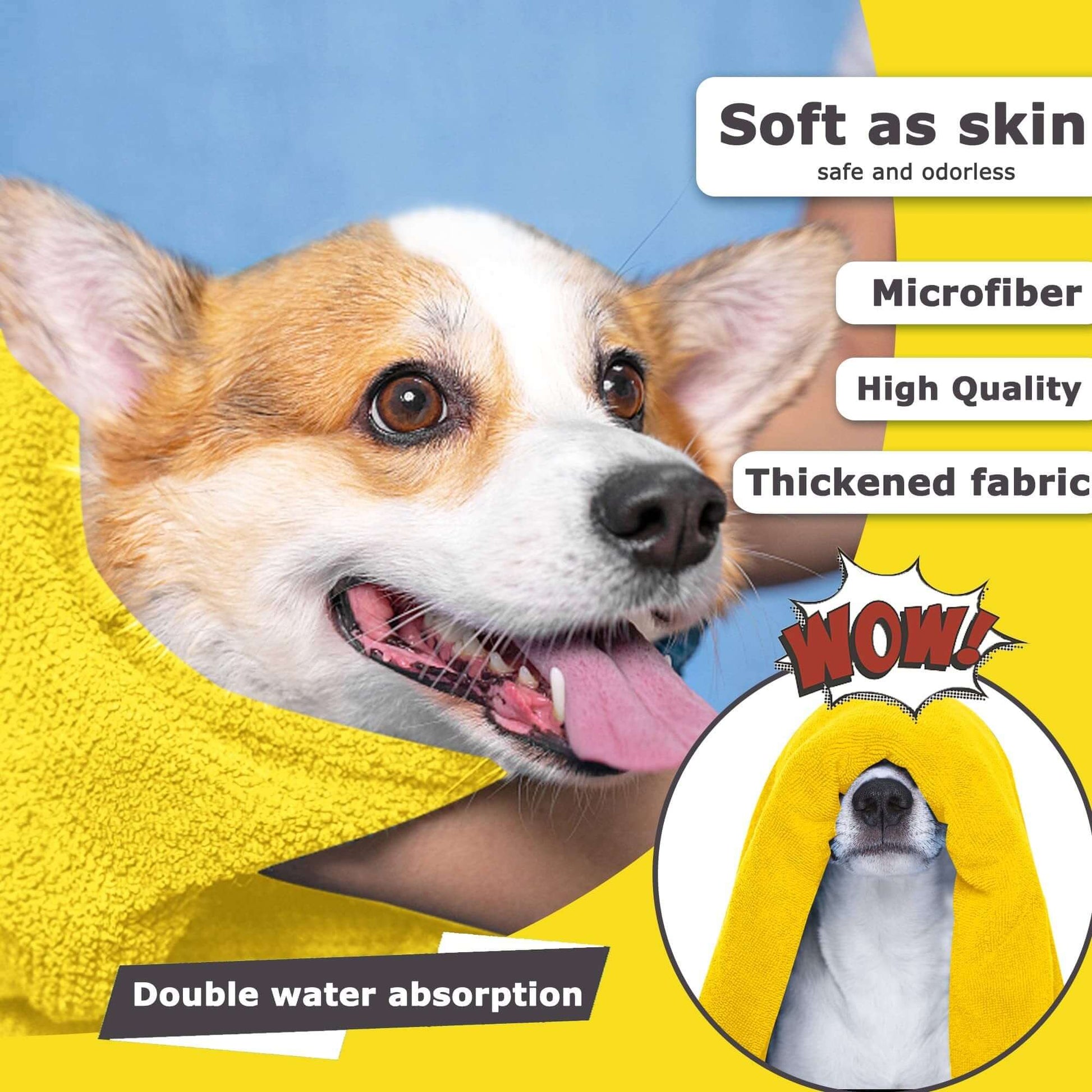 Corgi drying with a soft, yellow microfiber towel, highlighting high quality and double water absorption features.