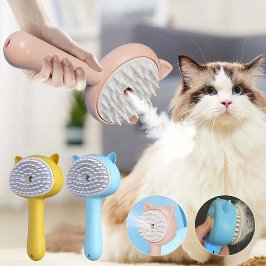 Cat grooming brush with steam technology removes fur while massaging, featuring pink, blue, and yellow options.